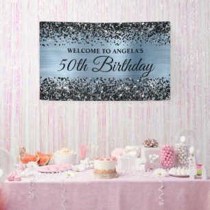 Black Glitter Light Blue 50th Birthday Welcome Banner