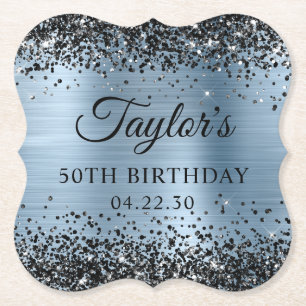 Black Glitter Light Blue Foil 50th Birthday Paper Coaster