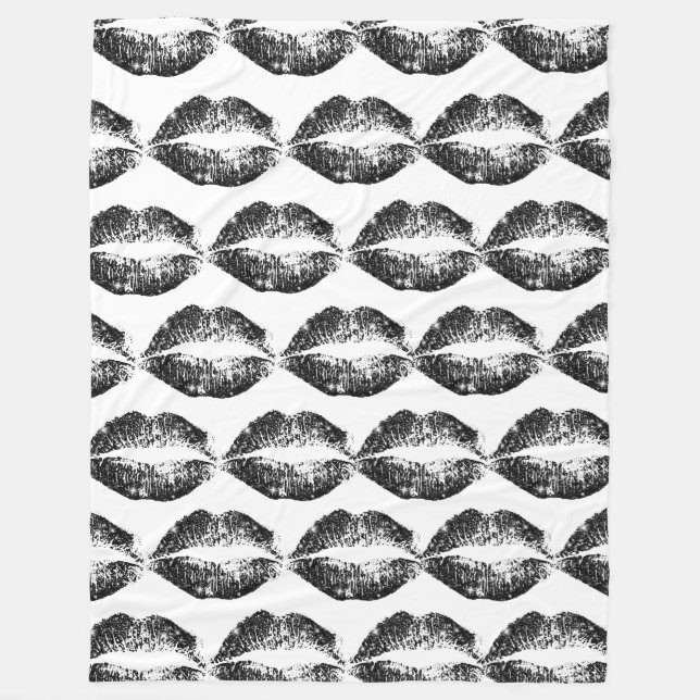 Black Glitter Lips Fleece Blanket (Front)