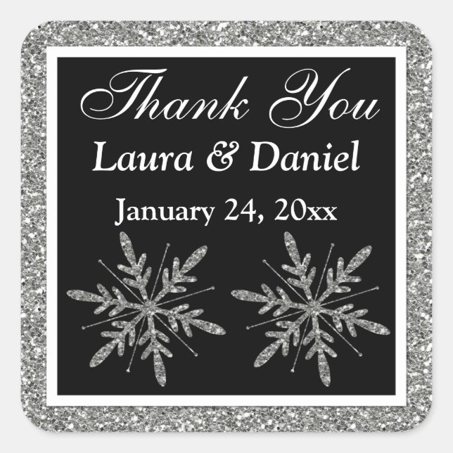 Black, Glitter LOOK Snowflakes Wedding Sticker (Front)