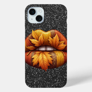 BLACK GLITTER LOOK WITH GOLD SHINY LIPS iPhone 15 MINI CASE