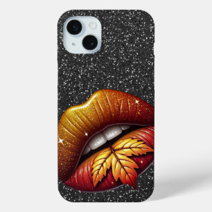 BLACK GLITTER LOOK WITH GOLD SHINY LIPS iPhone 15 MINI CASE