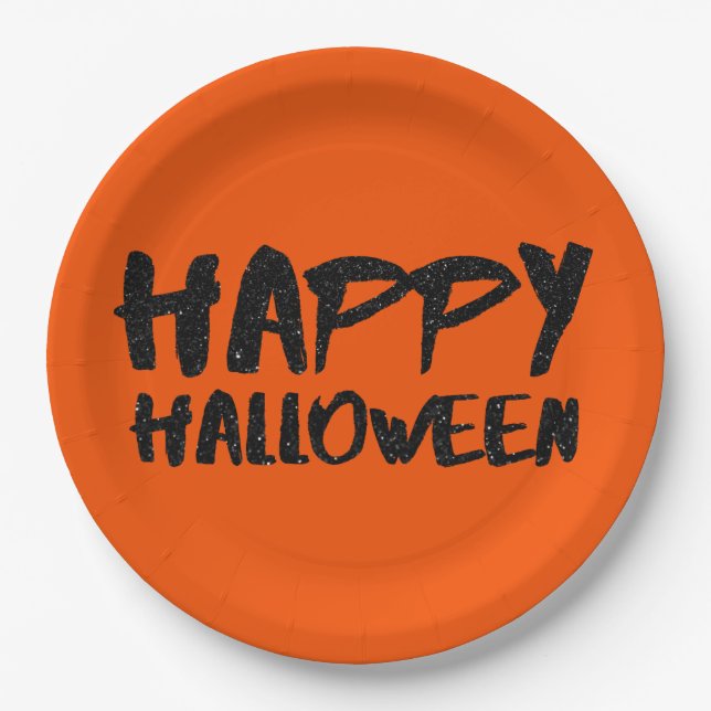 Black Glitter Marker Happy Halloween Paper Plate (Front)