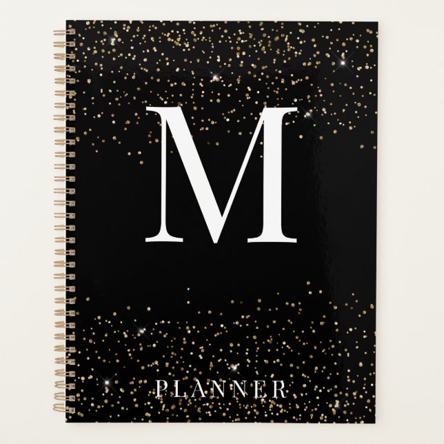 Black Glitter Modern Glam Monogram Planner (Front)