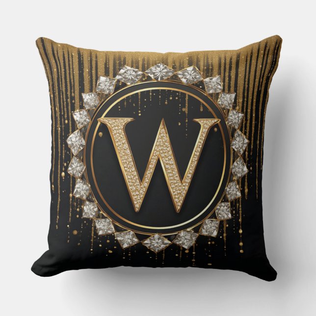 Black Glitter Monogram Letter W For Wedding Invite Cushion (Front)