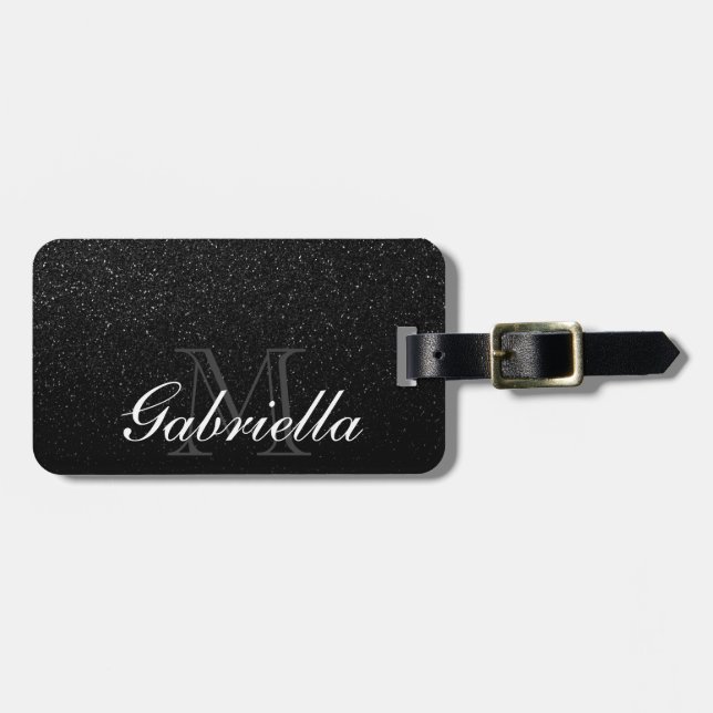 Black Glitter Monogram Luggage Tag (Front Horizontal)