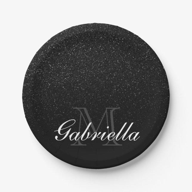 Black Glitter Monogram Paper Plate (Front)