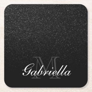 Black Glitter Monogram Square Paper Coaster