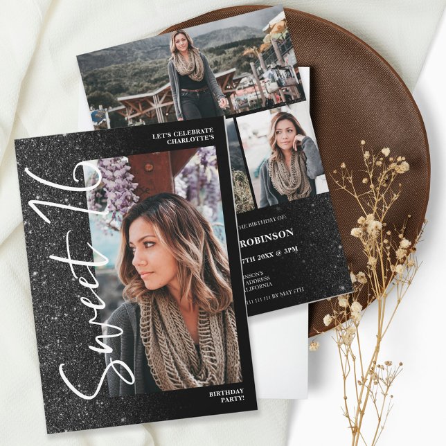 Black glitter ombre script 4 photos Sweet 16 Invitation (Creator Uploaded)
