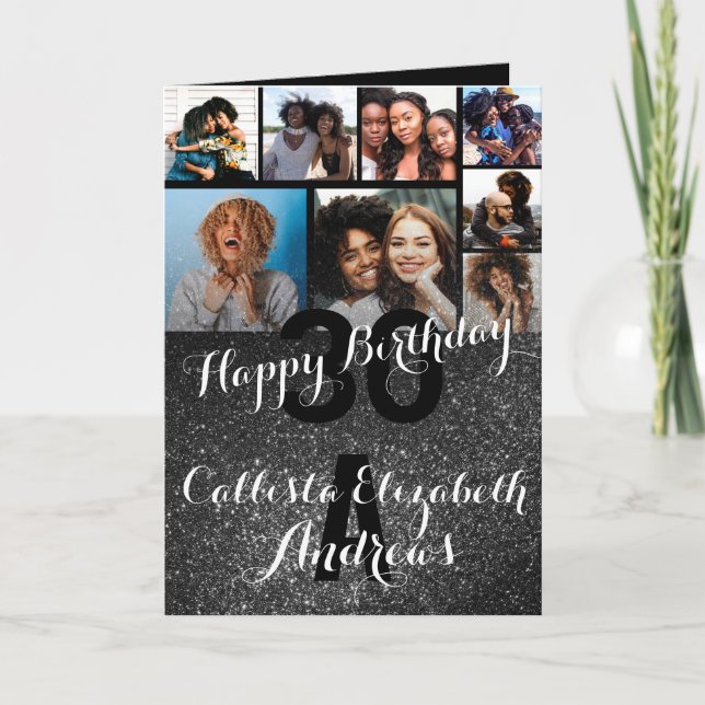 Black Glitter Photo Collage Happy Birthday Card (Front)