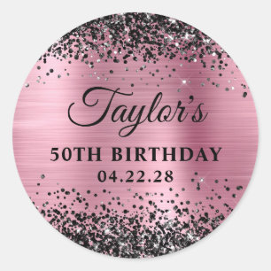 Black Glitter Pink Foil 50th Birthday Classic Round Sticker