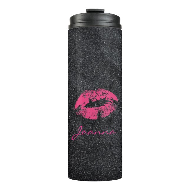 Black Glitter Pink Lips Thermal Tumbler (Front)