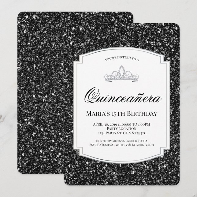 Black Glitter Quinceañera Invitations (Front/Back)