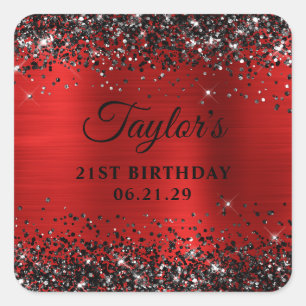 Black Glitter Red Foil 21st Birthday Square Sticker