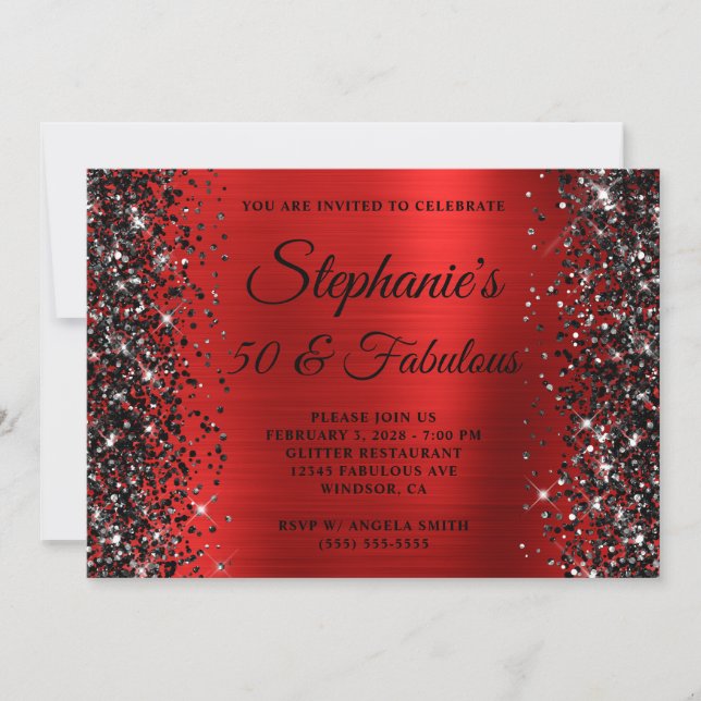 Black Glitter Red Foil 50 and Fabulous Birthday Invitation (Front)