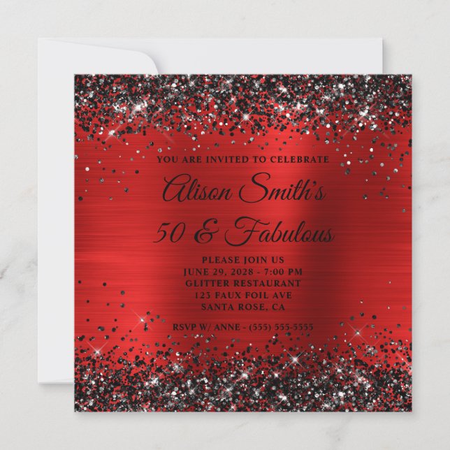Black Glitter Red Foil 50 and Fabulous Birthday Invitation (Front)