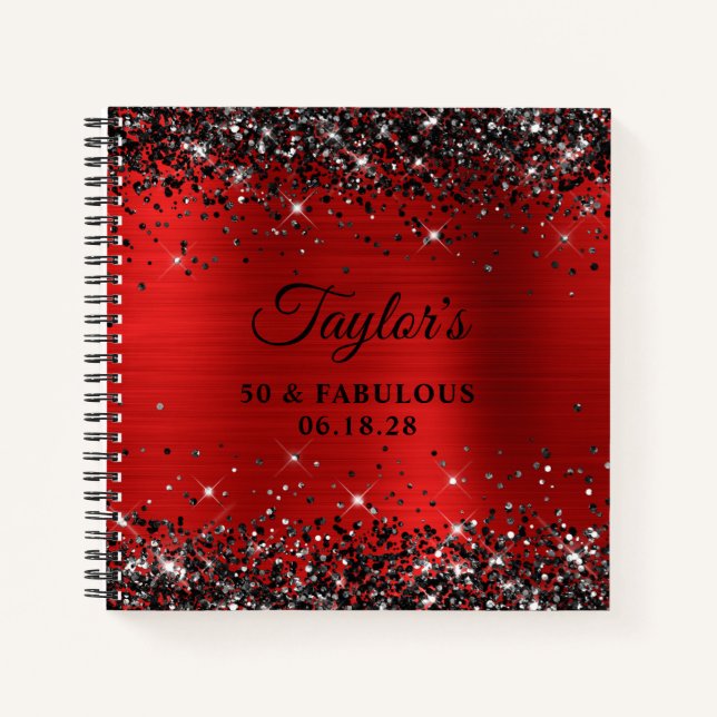 Black Glitter Red Foil 50 & Fabulous Guest Notebook (Front)