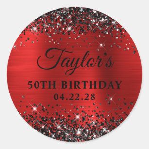 Black Glitter Red Foil 50th Birthday Classic Round Sticker