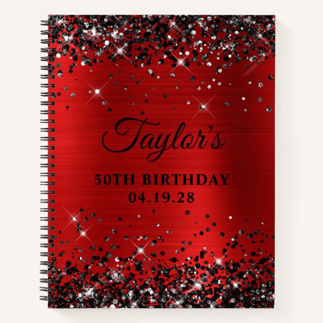Black Glitter Red Foil 50th Birthday Guest Notebook (Front)