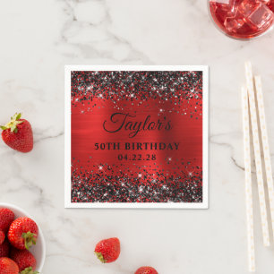 Black Glitter Red Foil 50th Birthday Napkin