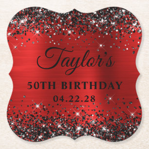 Black Glitter Red Foil 50th Birthday Paper Coaster