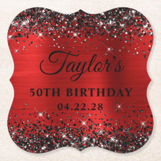 Black Glitter Red Foil 50th Birthday Paper Coaster