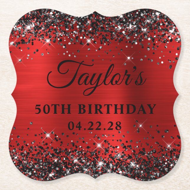 Black Glitter Red Foil 50th Birthday Paper Coaster (Front)