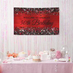Black Glitter Red Foil 50th Birthday Welcome Banner