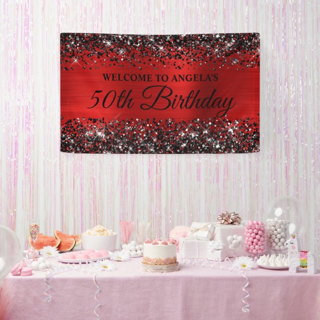 Black Glitter Red Foil 50th Birthday Welcome Banner (Party)