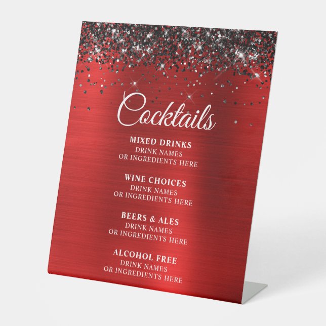 Black Glitter Red Foil Cocktails Bar Menu Pedestal Sign (Front)