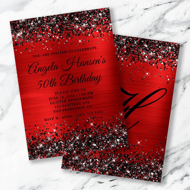 Black Glitter Red Foil Monogram 50th Birthday Invitation (Black Glitter Red Foil Monogram 50th Birthday Invitation)