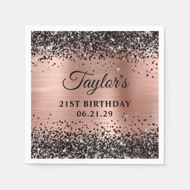 Black Glitter Rose Gold Foil 21st Birthday Napkin (Front)