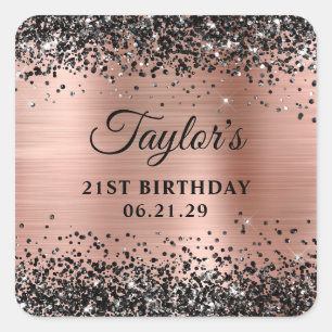 Black Glitter Rose Gold Foil 21st Birthday Square Sticker