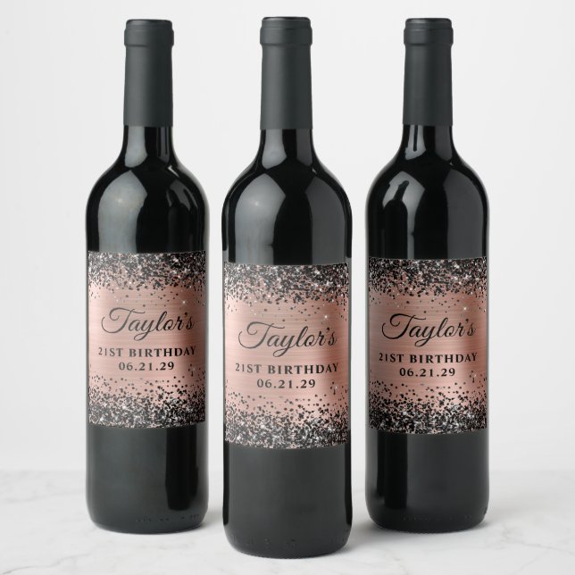 Black Glitter Rose Gold Foil 21st Birthday Wine Label (Bottles)