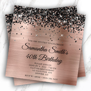 Black Glitter Rose Gold Foil 40th Birthday Invitation