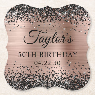 Black Glitter Rose Gold Foil 50th Birthday Paper Coaster