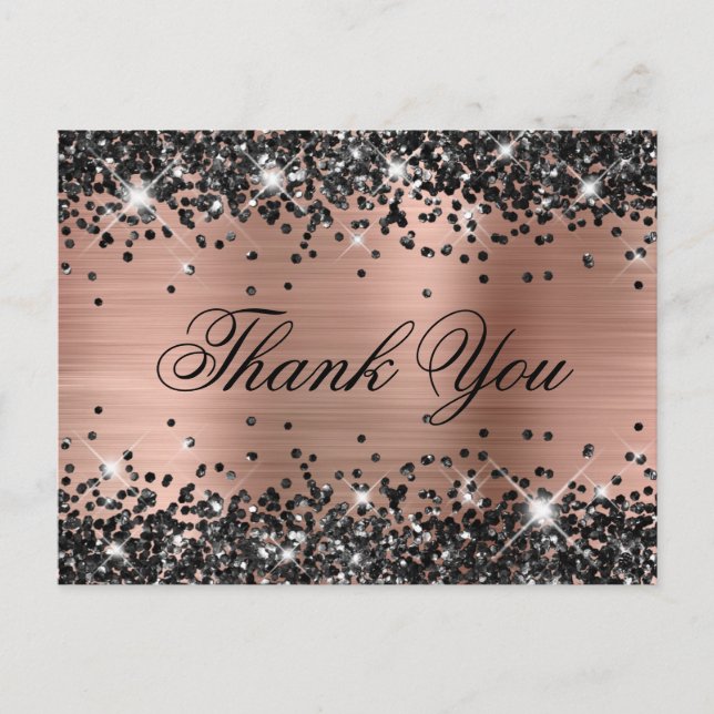 Black Glitter Rose Gold Foil Fancy Thank You Postcard (Front)