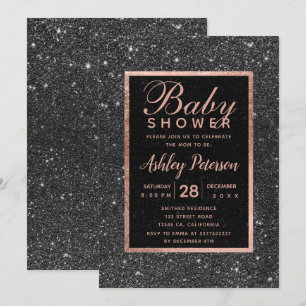 Black glitter rose gold typography baby shower invitation
