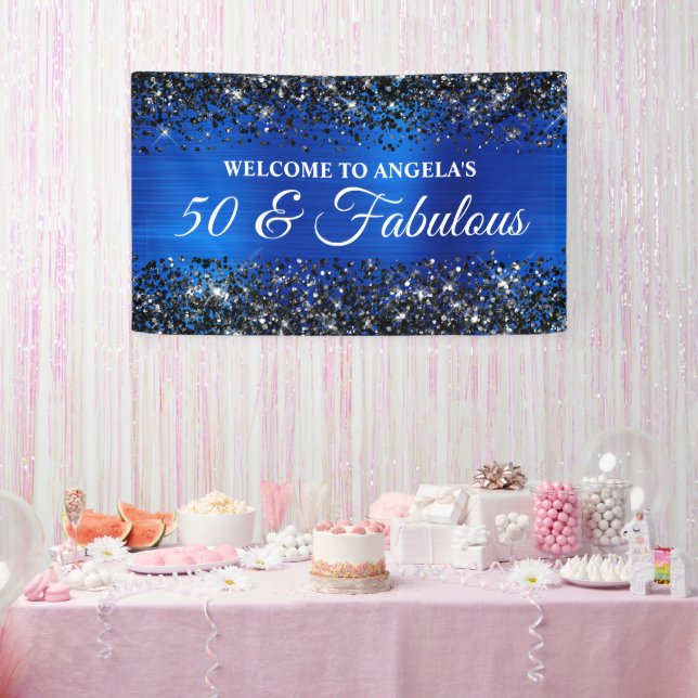 Black Glitter Royal Blue 50 & Fabulous Birthday Banner (Party)