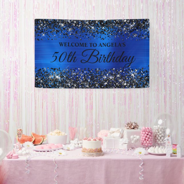 Black Glitter Royal Blue 50th Birthday Welcome Banner (Party)