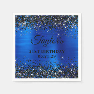 Black Glitter Royal Blue Foil 21st Birthday Napkin