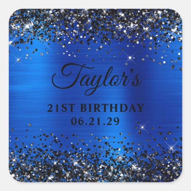 Black Glitter Royal Blue Foil 21st Birthday Square Sticker (Front)