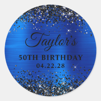 Black Glitter Royal Blue Foil 50th Birthday Classic Round Sticker