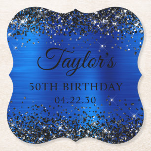 Black Glitter Royal Blue Foil 50th Birthday Paper Coaster