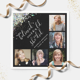 Black Glitter She Believed Photo Graduation Napkin