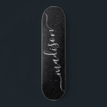 Black Glitter Shimmer Custom Personalised Name Skateboard<br><div class="desc">Black Glitter Shimmer Custom Personalised Name Skateboard features a modern Black glitter shimmer with your personalised name in the centre. Designed by ©Evco Studio www.zazzle.com/store/evcostudio</div>