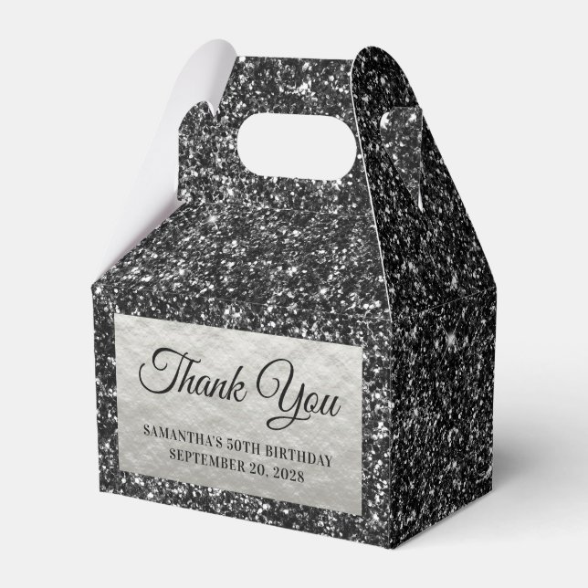 Black Glitter Silver 50th Birthday Thank You Favour Box (Front Side)