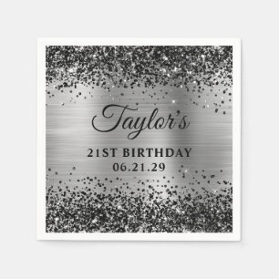 Black Glitter Silver Foil 21st Birthday Napkin