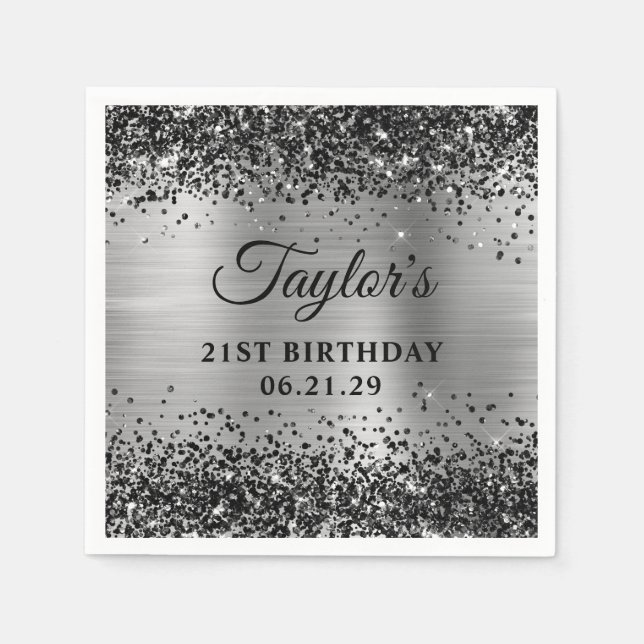 Black Glitter Silver Foil 21st Birthday Napkin (Front)