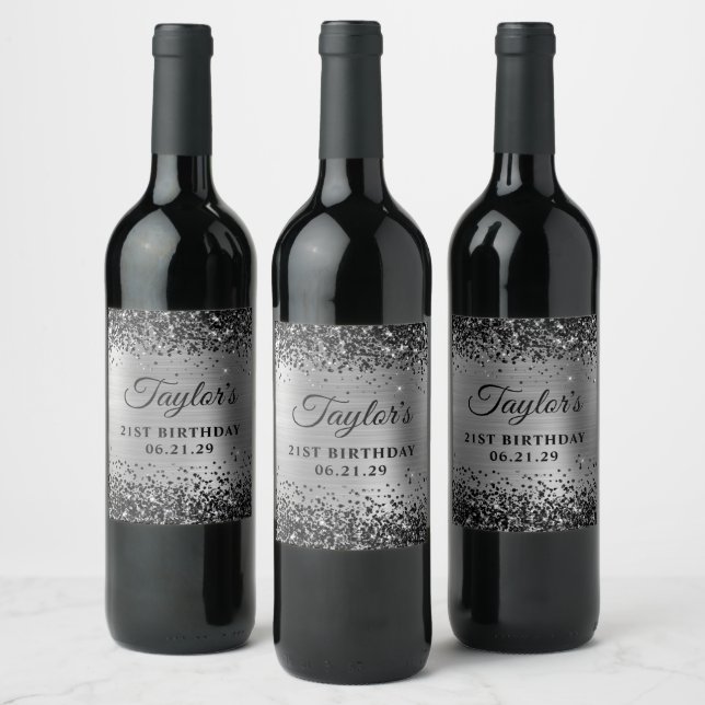 Black Glitter Silver Foil 21st Birthday Wine Label (Bottles)